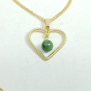 Vintage Heart Pendant Necklace, Gold Tone Chain with Green Bead Center, Minimal